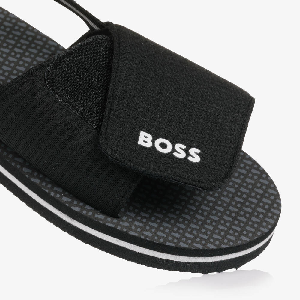 BOSS-Boys Black Wide Velcro Strap Logo Sandals | Childrensalon