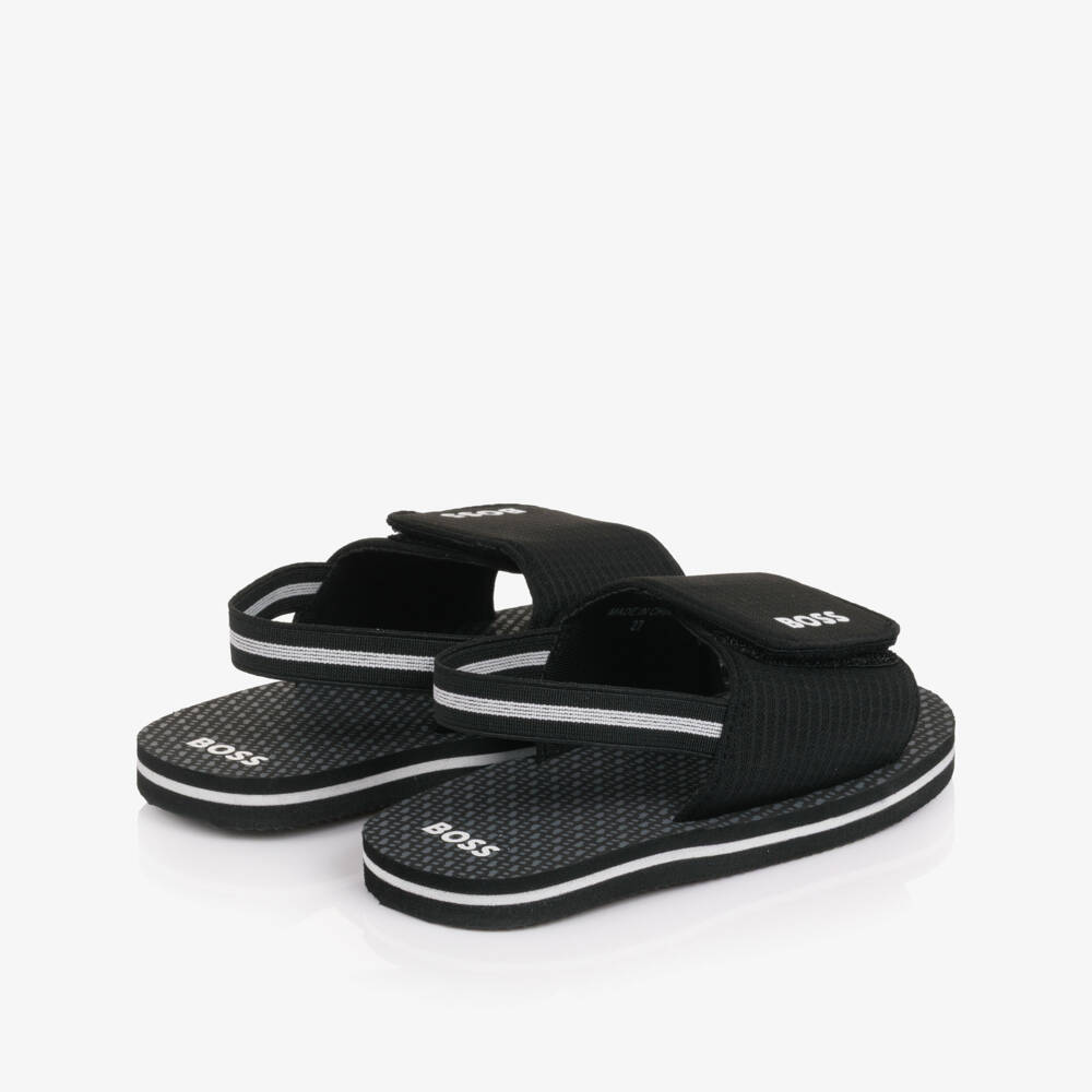BOSS-Boys Black Wide Velcro Strap Logo Sandals | Childrensalon