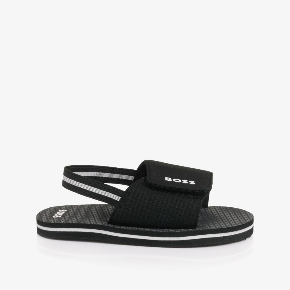 BOSS-Boys Black Wide Velcro Strap Logo Sandals | Childrensalon