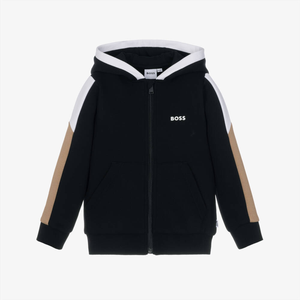 BOSS-Boys Black Zip-Up Hoodie with Colourblock Trim | Childrensalon
