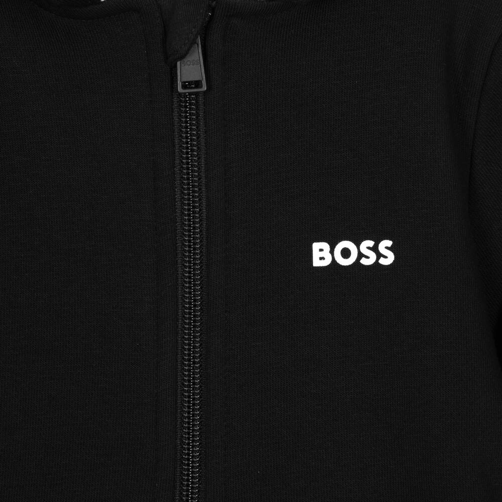BOSS-Boys Black Zip-Up Hoodie with Colourblock Trim | Childrensalon