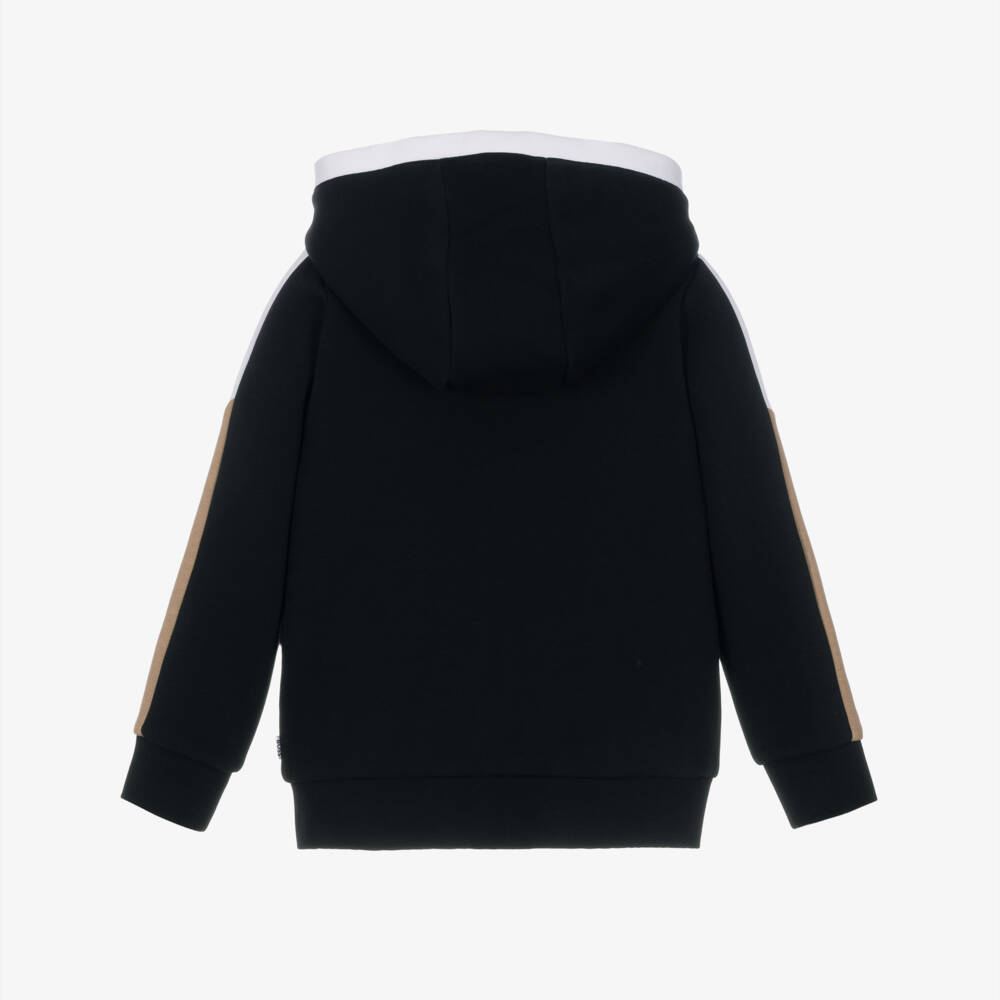 BOSS-Boys Black Zip-Up Hoodie with Colourblock Trim | Childrensalon
