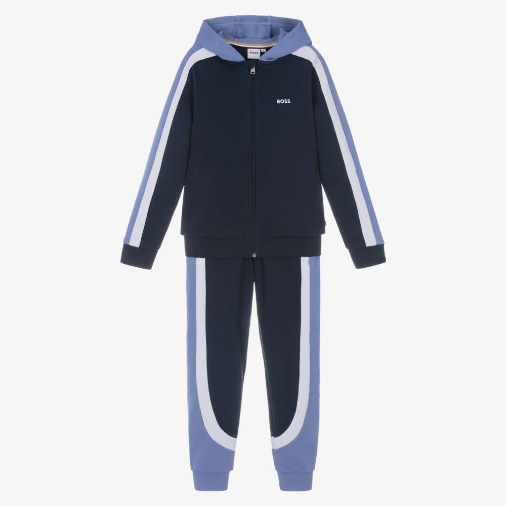 BOSS-Boys Blue Colourblock Cotton Zip-Up Tracksuit | Childrensalon