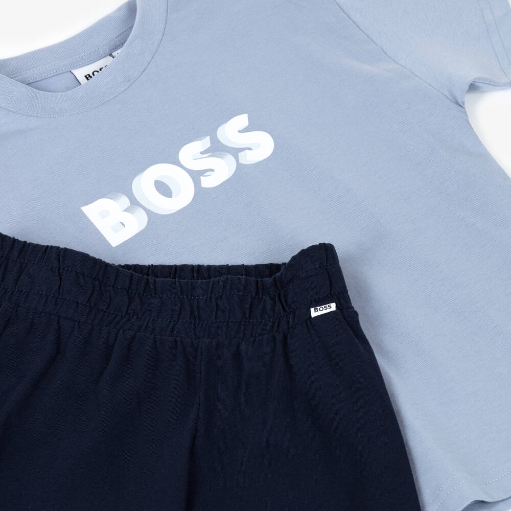 BOSS-Boys Blue Cotton Jersey Bermuda Shorts Set with Logo | Childrensalon