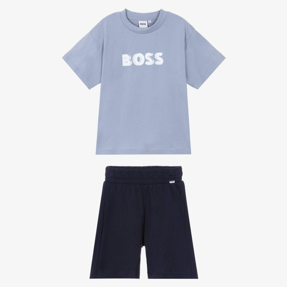 BOSS-Boys Blue Cotton Jersey Bermuda Shorts Set with Logo | Childrensalon