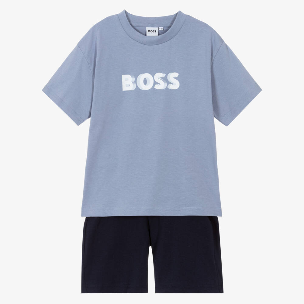 BOSS-Boys Blue Cotton Jersey Bermuda Shorts Set with Logo | Childrensalon