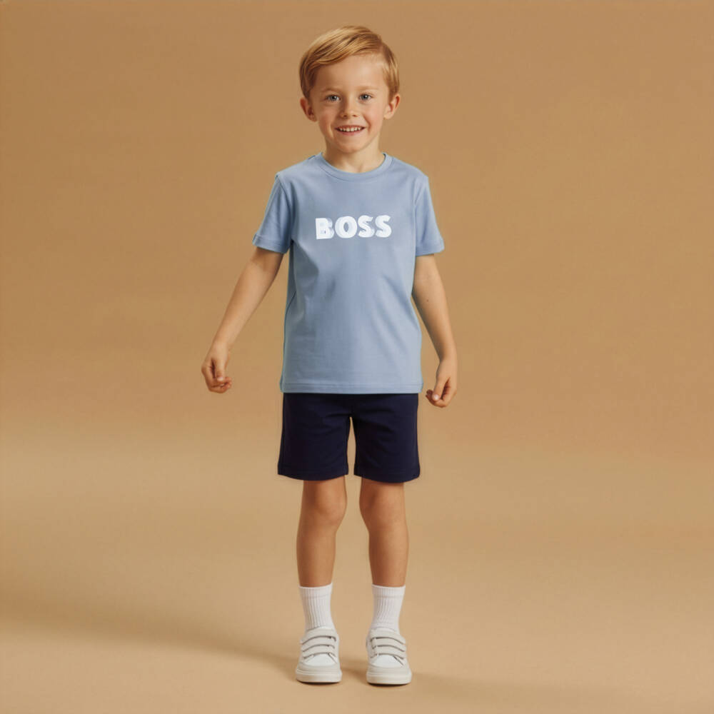 BOSS-Boys Blue Cotton Jersey Bermuda Shorts Set with Logo | Childrensalon