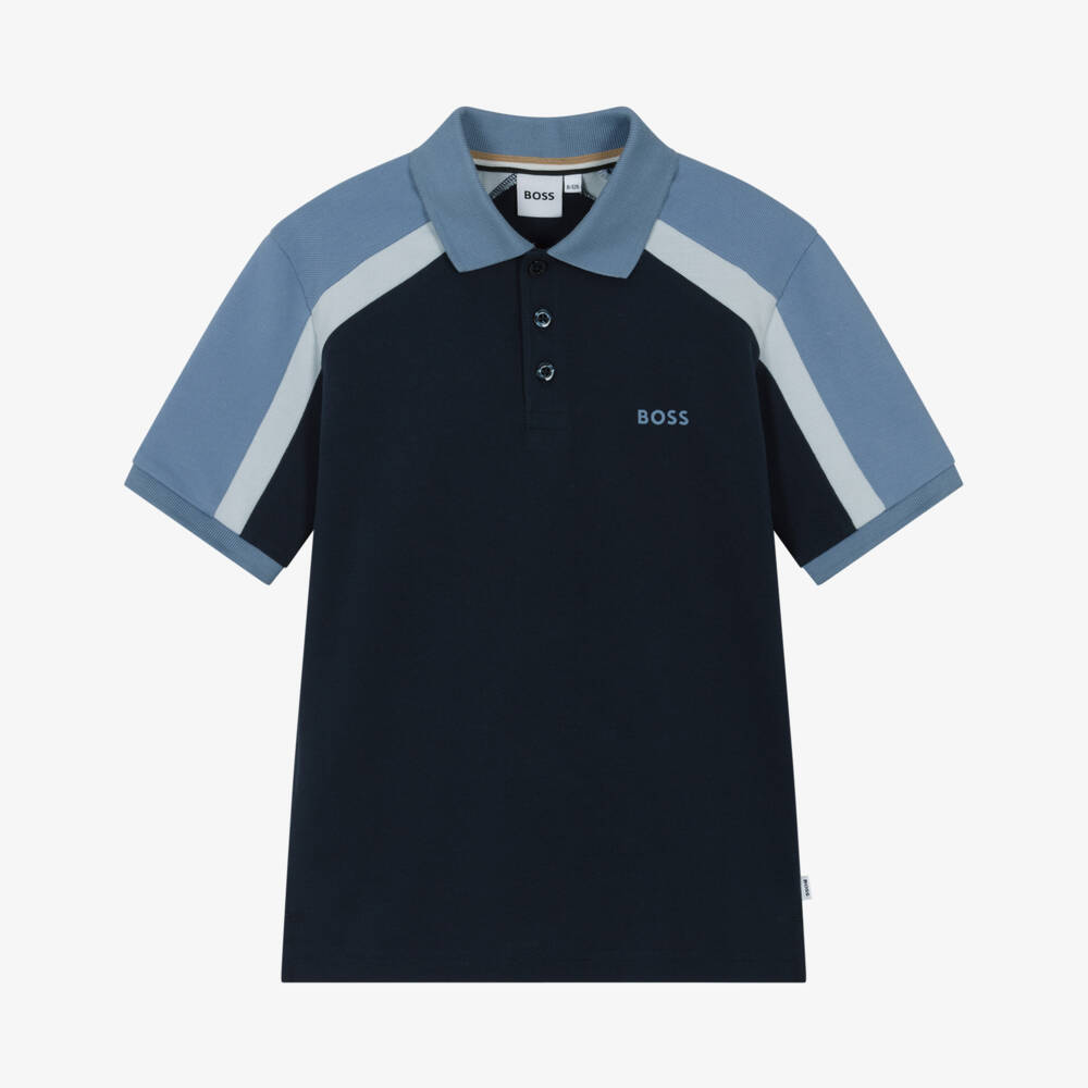 BOSS-Boys Blue Cotton Logo Polo Shirt with Colourblock Shoulders | Childrensalon