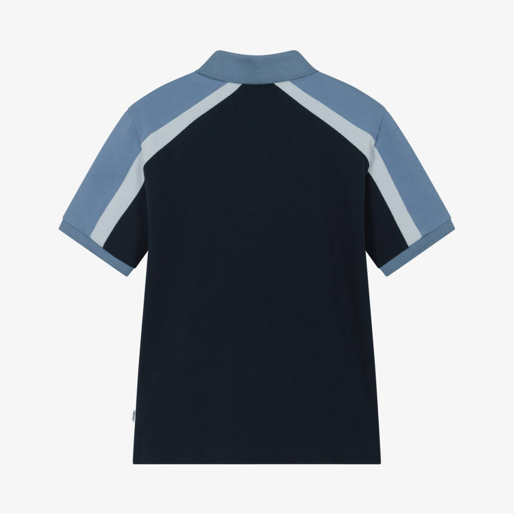 BOSS-Boys Blue Cotton Logo Polo Shirt with Colourblock Shoulders | Childrensalon