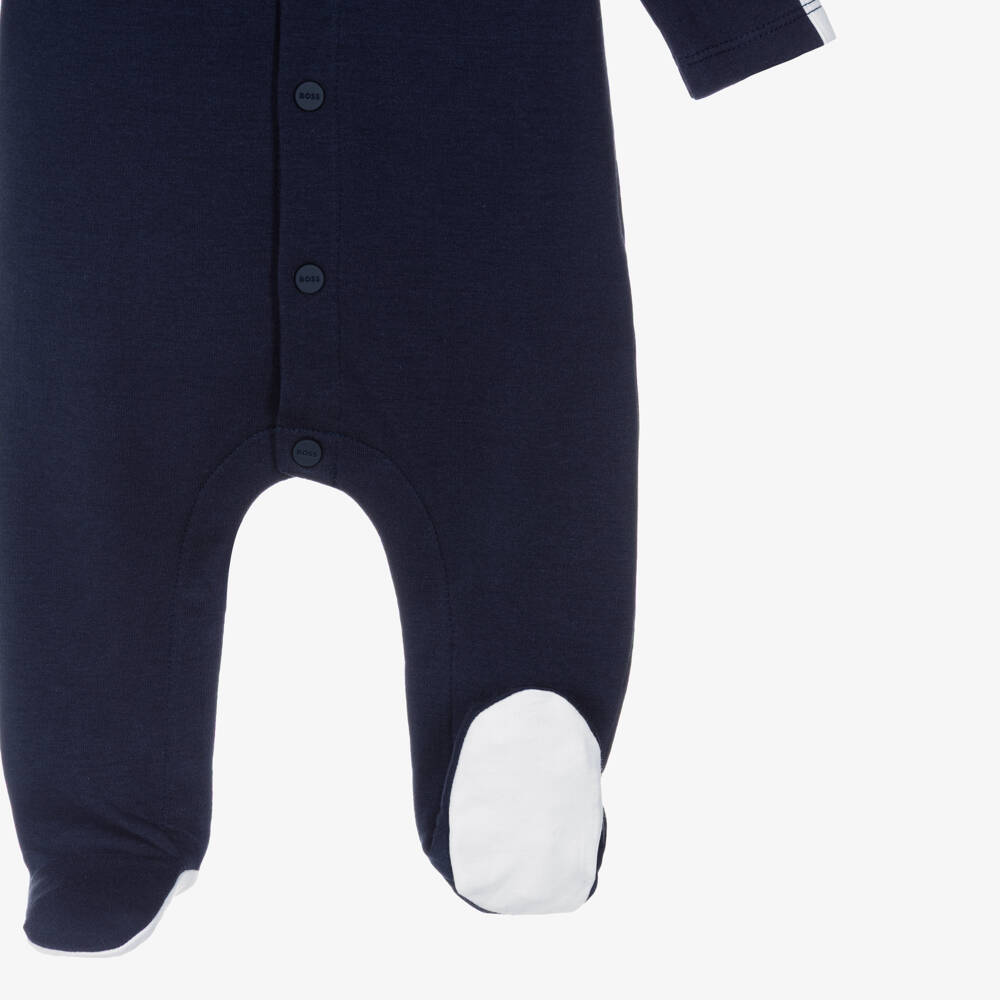 BOSS-Boys Blue Cotton Polo Collar Babygrow with Red Panda Logo | Childrensalon