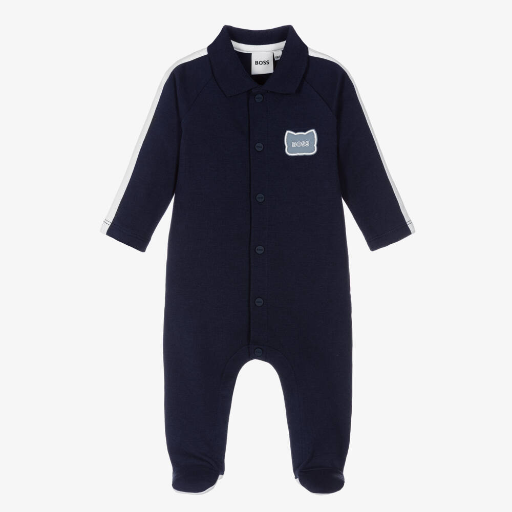 BOSS-Boys Blue Cotton Polo Collar Babygrow with Red Panda Logo | Childrensalon