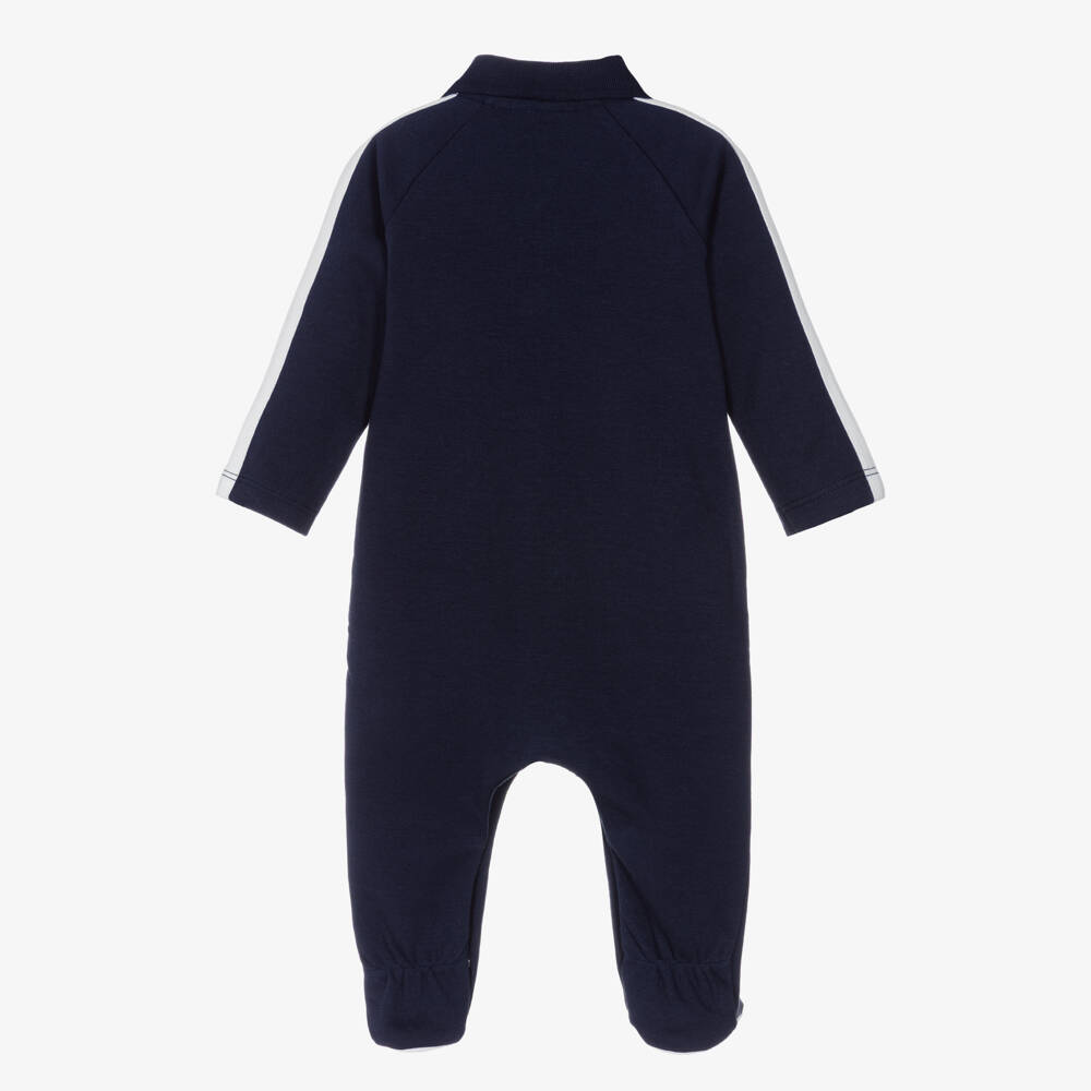 BOSS-Boys Blue Cotton Polo Collar Babygrow with Red Panda Logo | Childrensalon