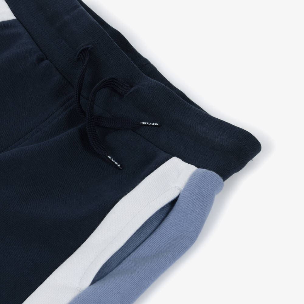 BOSS-Boys Blue Cotton Shorts with Colourblock Stripes | Childrensalon