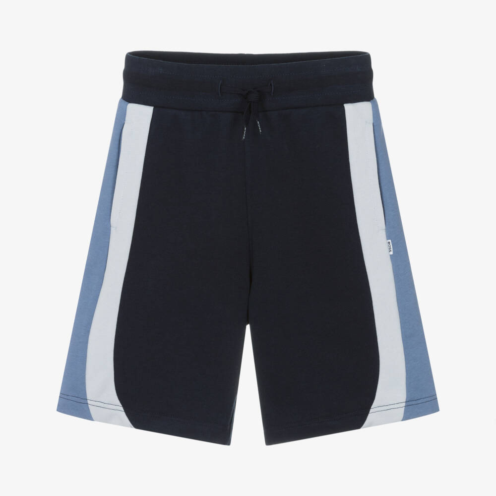 BOSS-Boys Blue Cotton Shorts with Colourblock Stripes | Childrensalon
