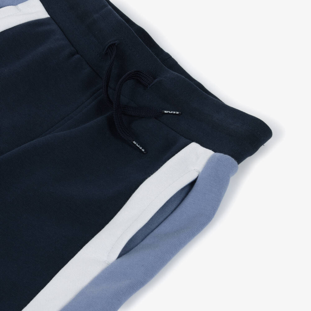 BOSS-Boys Blue Cotton Shorts with Colourblock Stripes | Childrensalon