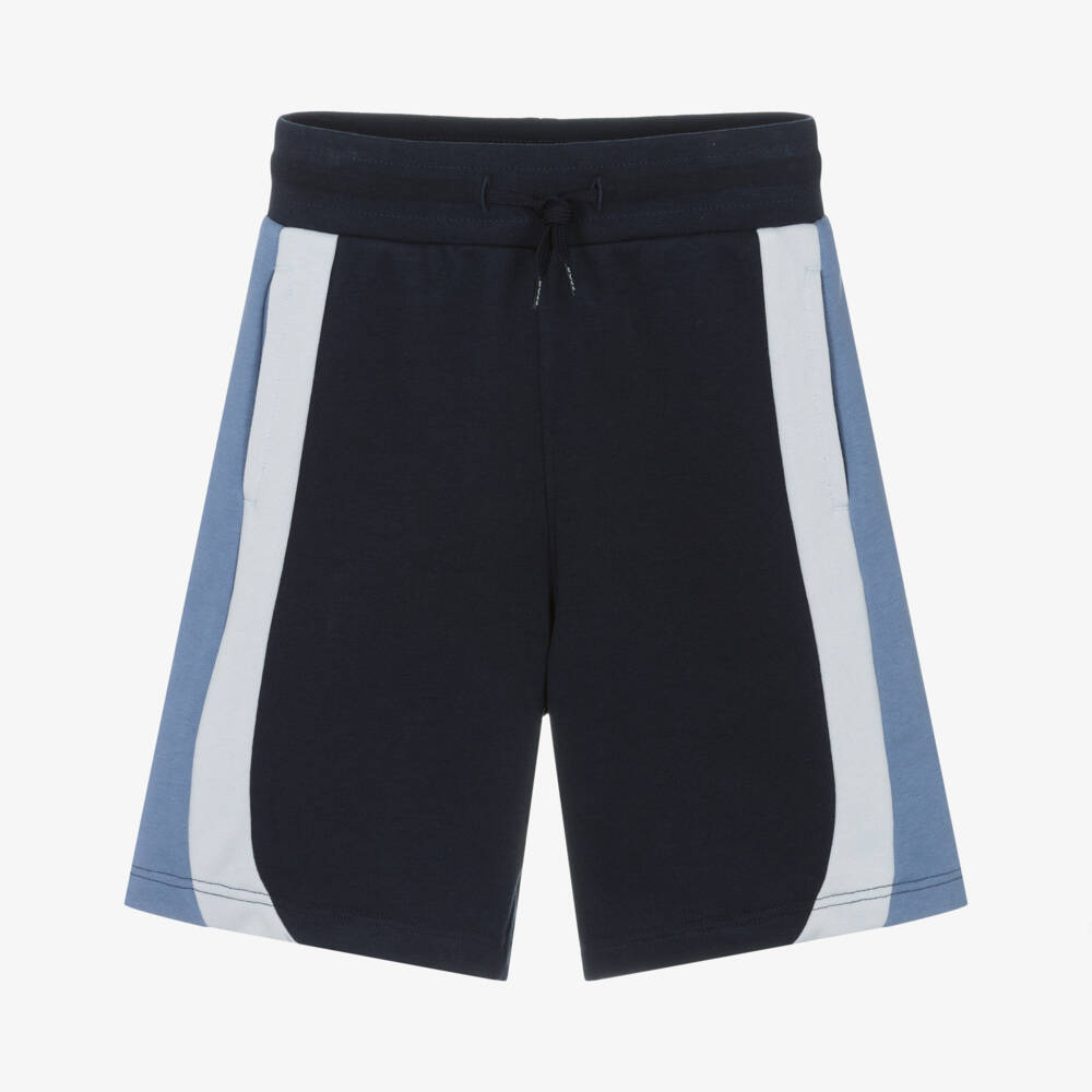 BOSS-Boys Blue Cotton Shorts with Colourblock Stripes | Childrensalon