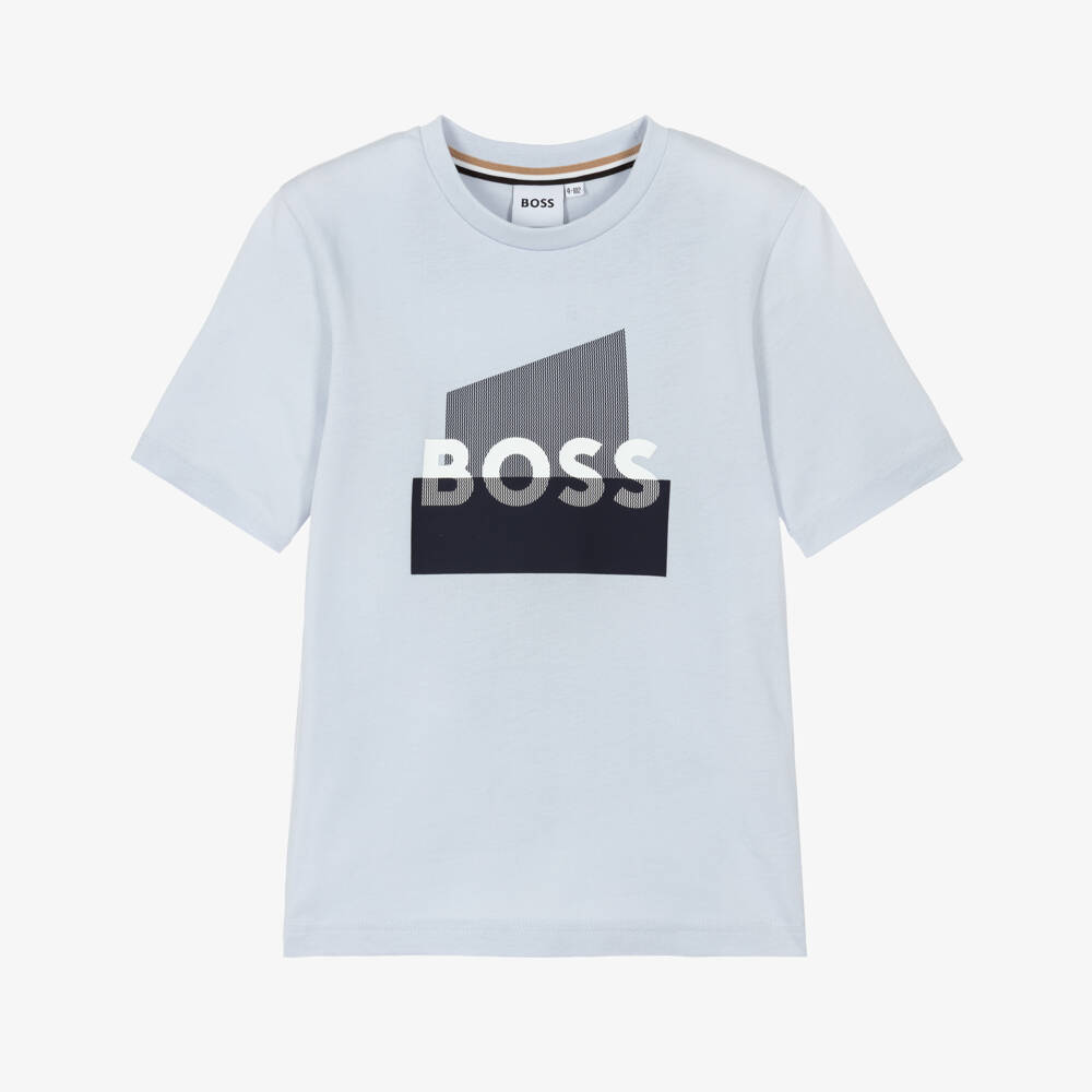 BOSS-Boys Blue Cotton T-Shirt with Updated Split Logo Print | Childrensalon