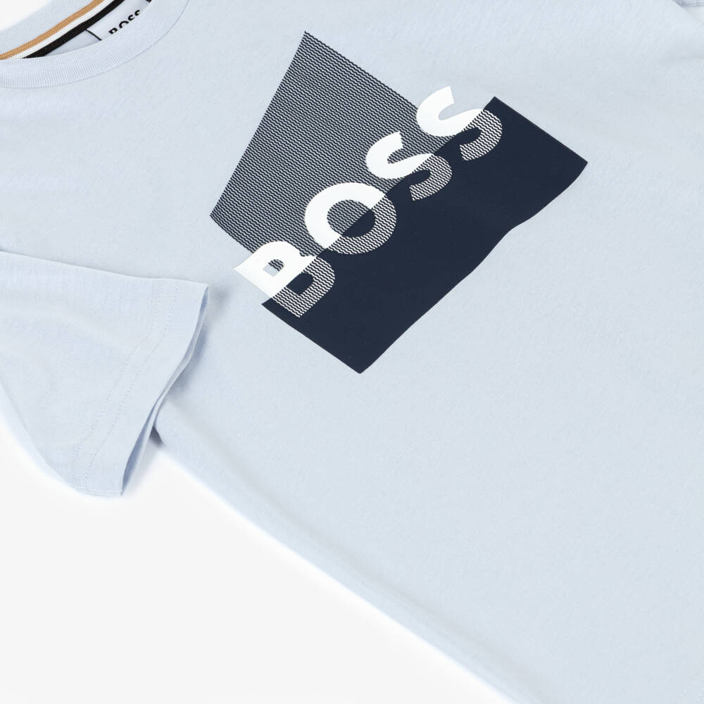 BOSS-Boys Blue Cotton T-Shirt with Updated Split Logo Print | Childrensalon