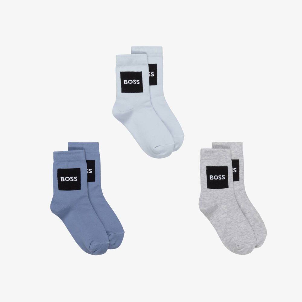 BOSS-Boys Blue & Grey Ankle Socks (3 Pack) | Childrensalon