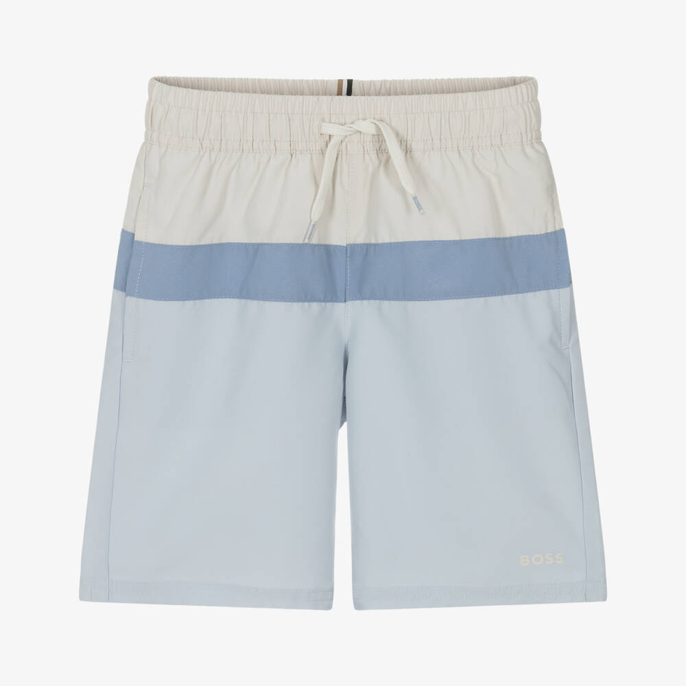 BOSS-Boys Blue & Ivory Colourblock Swim Shorts | Childrensalon