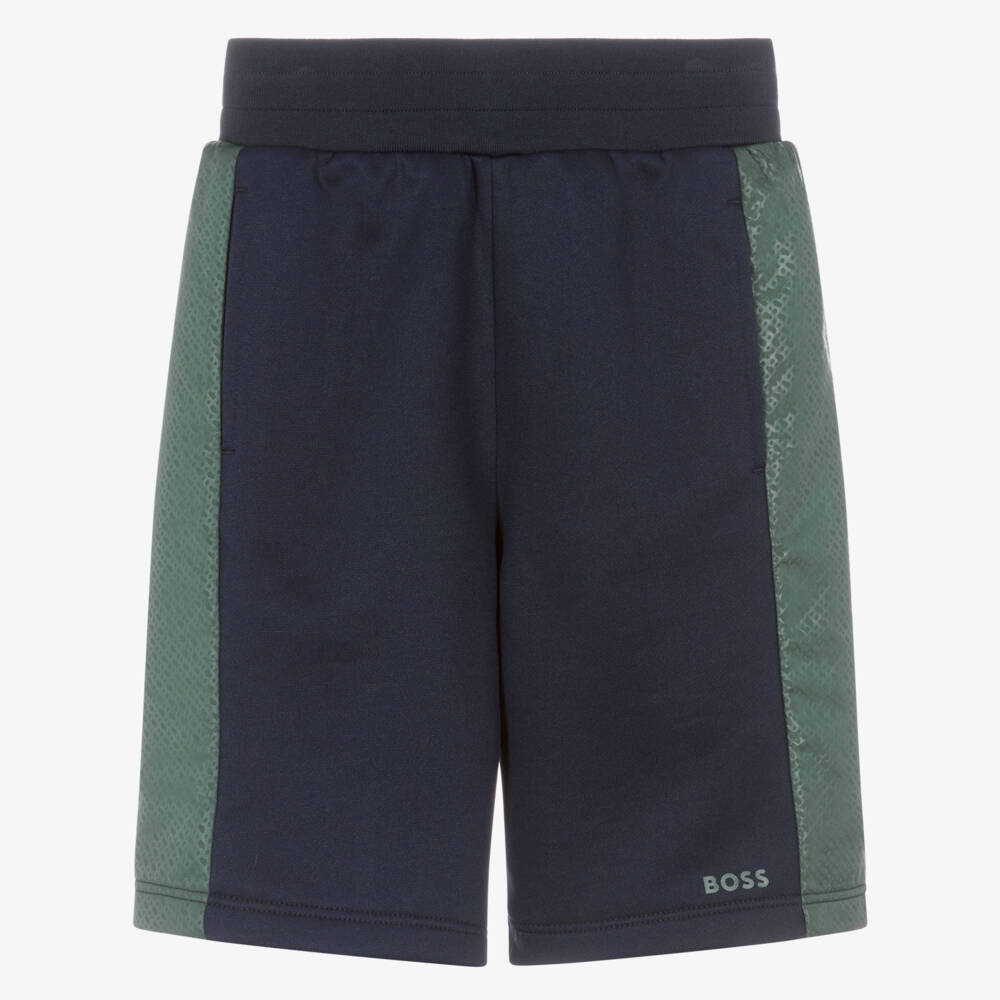 BOSS-Boys Blue Jersey Shorts with Green Monogram Logo Side Stripes | Childrensalon