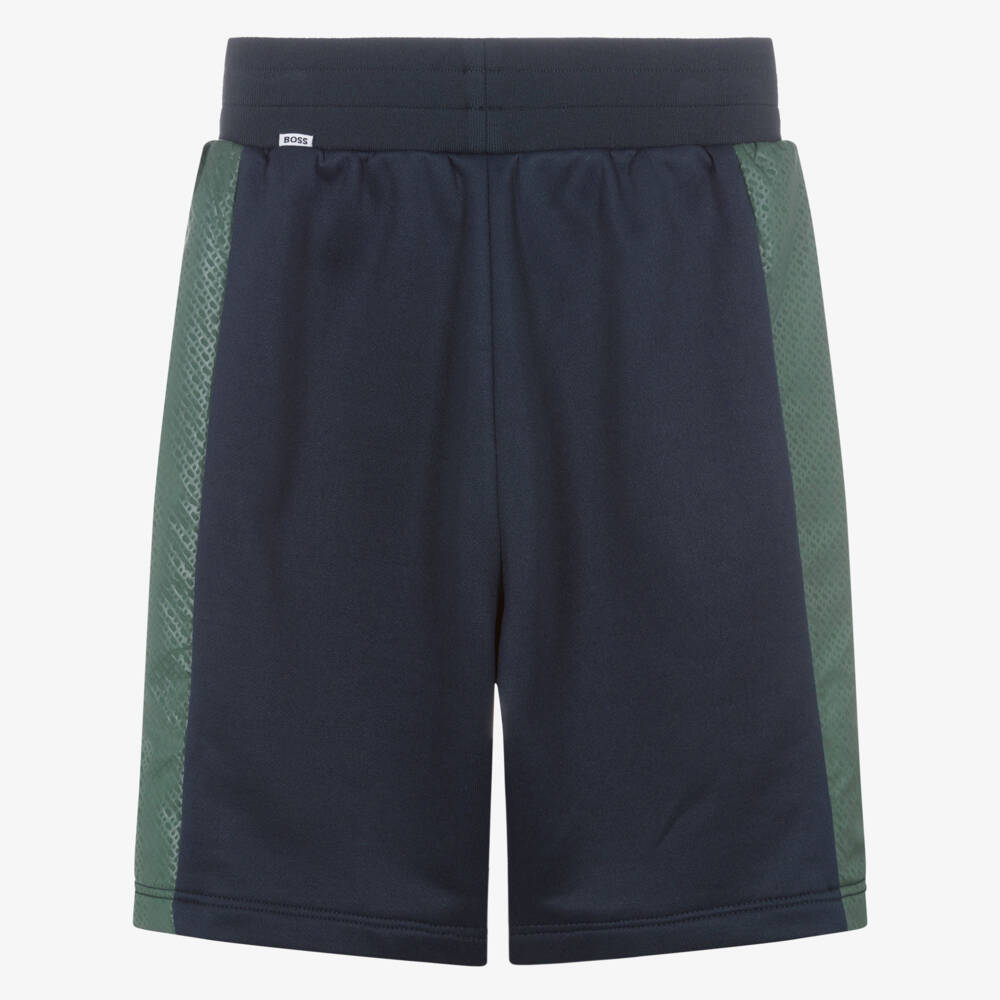 BOSS-Boys Blue Jersey Shorts with Green Monogram Logo Side Stripes | Childrensalon