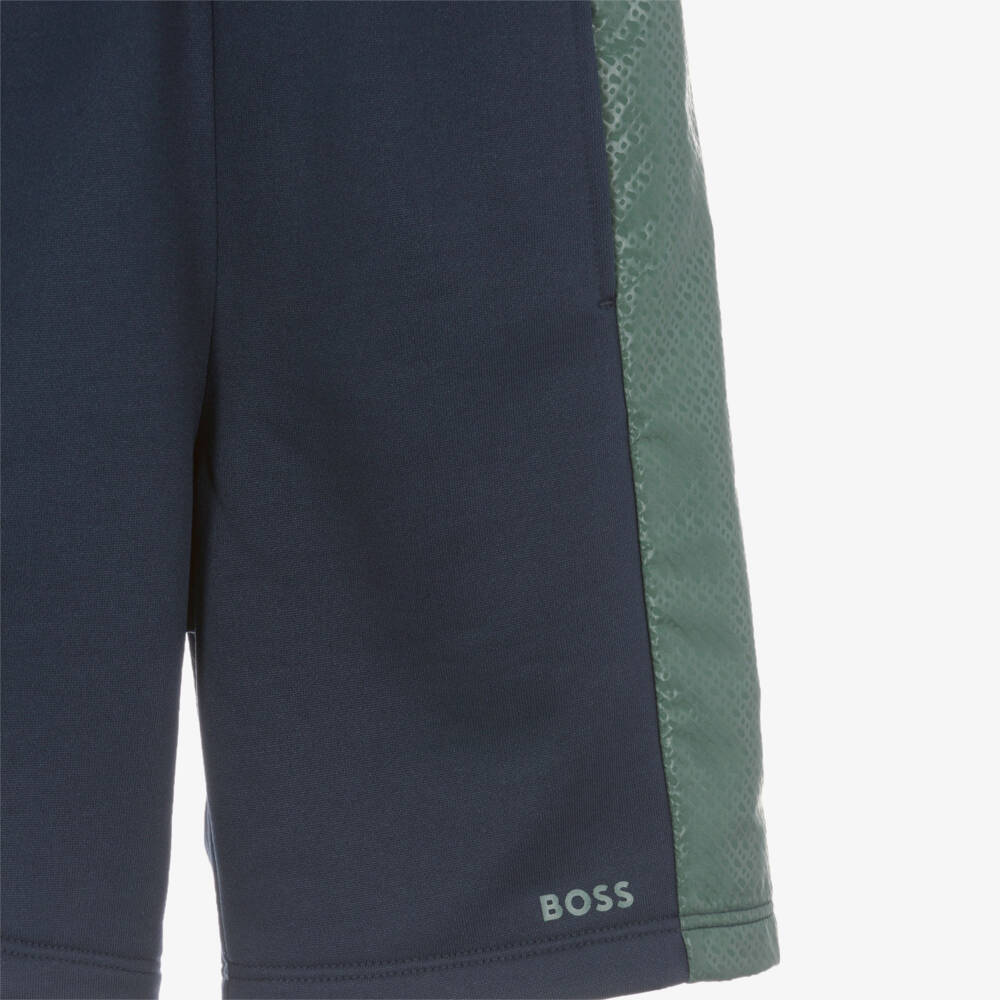 BOSS-Boys Blue Jersey Shorts with Green Monogram Logo Side Stripes | Childrensalon