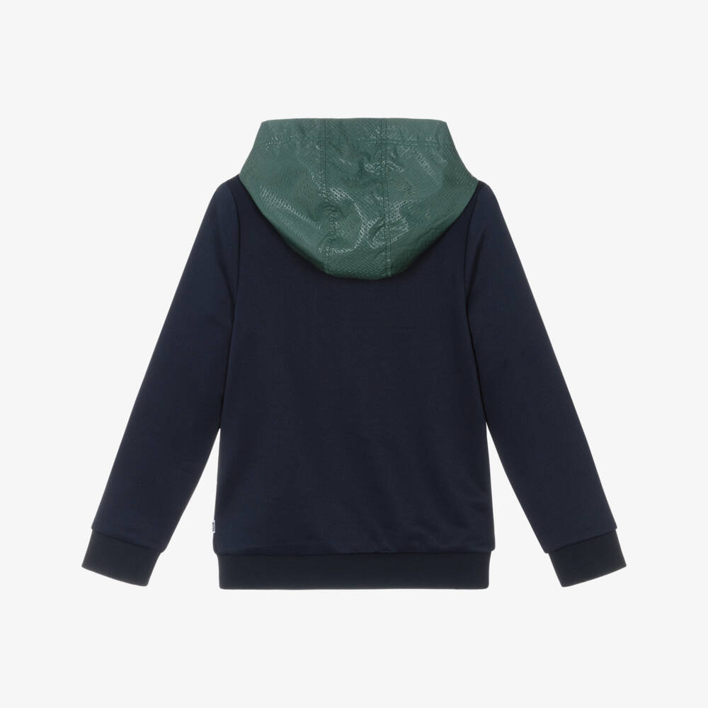BOSS-Boys Blue Jersey Zip-Up Top with Green Monogram Logo Hood | Childrensalon