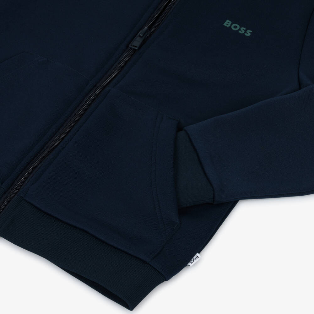 BOSS-Boys Blue Jersey Zip-Up Top with Green Monogram Logo Hood | Childrensalon