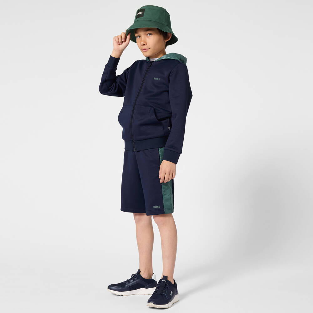 BOSS-Boys Blue Jersey Zip-Up Top with Green Monogram Logo Hood | Childrensalon