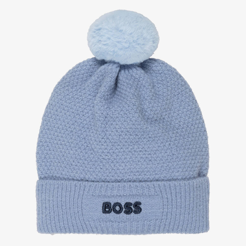 BOSS-Boys Blue Knitted Pom-Pom Hat | Childrensalon