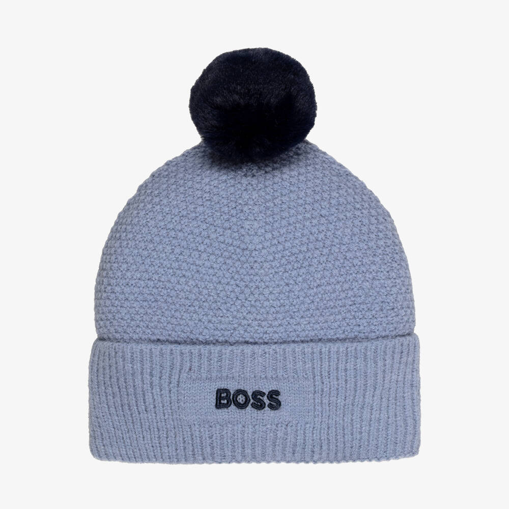 BOSS-Boys Blue Knitted Pom-Pom Hat | Childrensalon