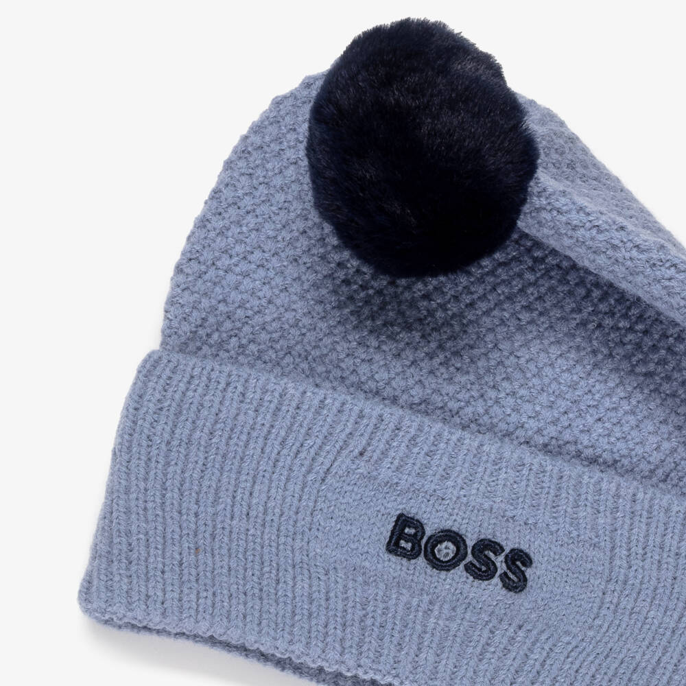 BOSS-قبعة بوم بوم محبوكة لون أزرق للأولاد | Childrensalon