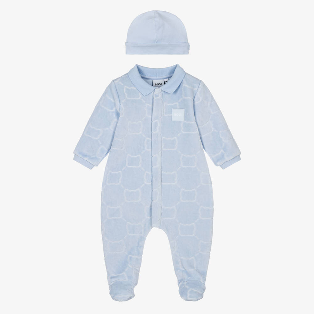 BOSS-Boys Blue Velour Babysuit Gift Set | Childrensalon