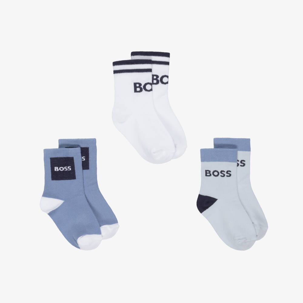 BOSS-Boys Blue & White Ankle Socks (3 Pack) | Childrensalon