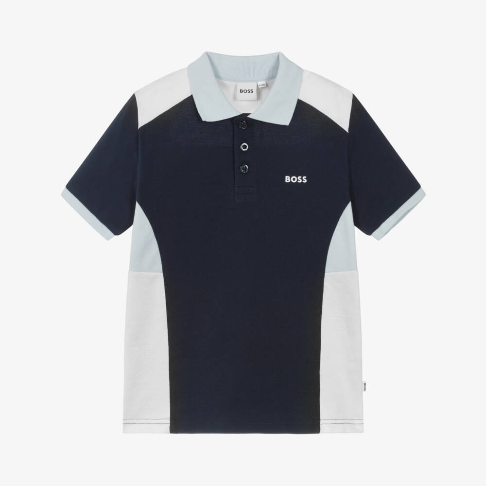 BOSS-Boys Blue & White Colourblock Cotton Polo Shirt | Childrensalon
