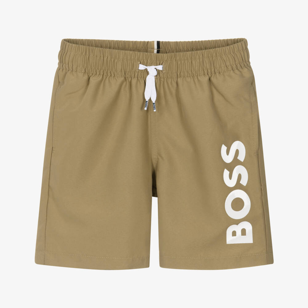 BOSS-Boys Classic Beige Swim Shorts with White Logo Print | Childrensalon