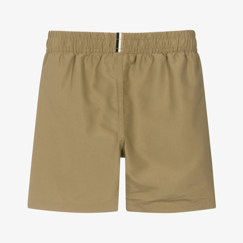 BOSS-Boys Classic Beige Swim Shorts with White Logo Print | Childrensalon