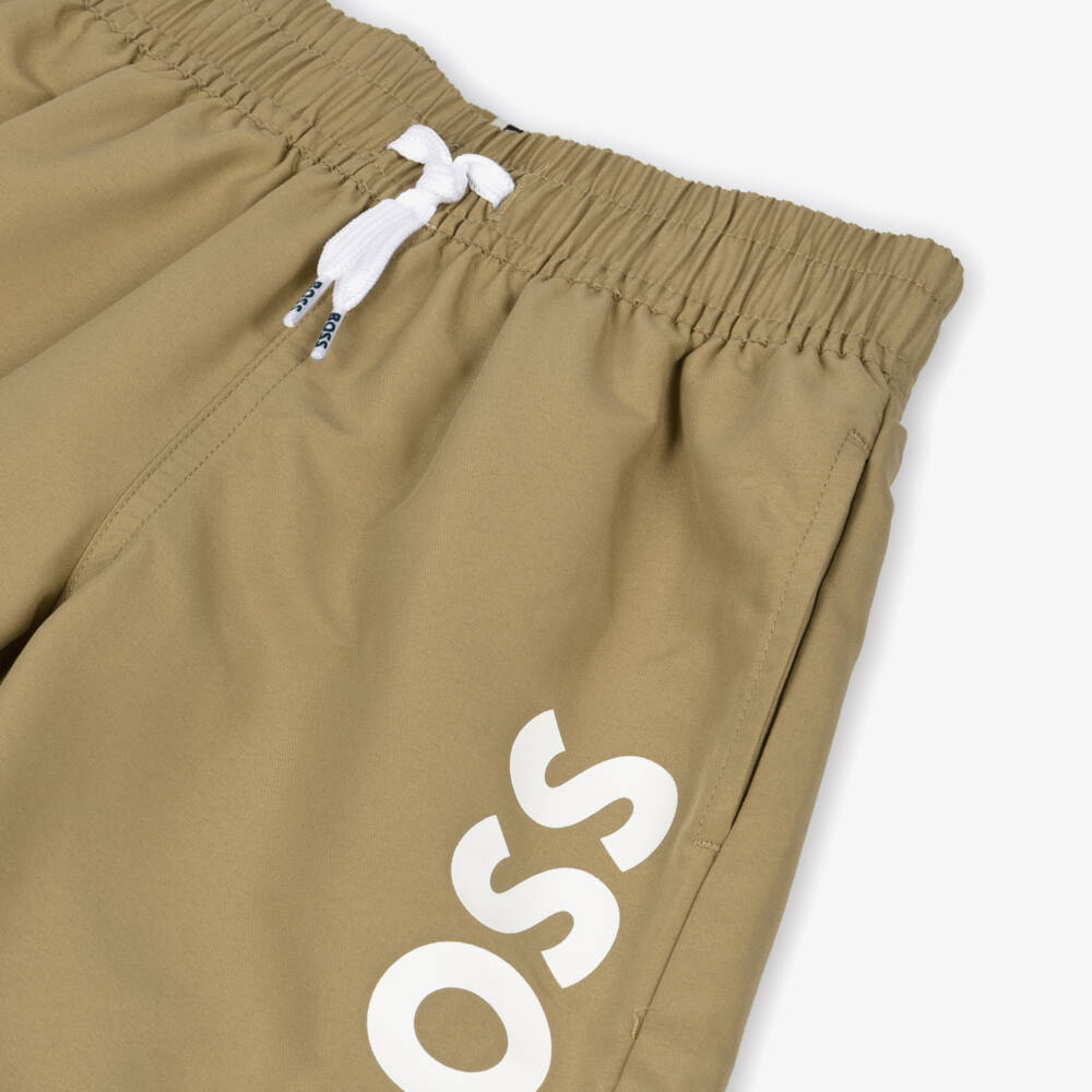 BOSS-Boys Classic Beige Swim Shorts with White Logo Print | Childrensalon