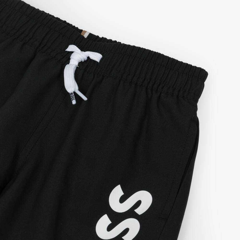 BOSS-Boys Classic Black Swim Shorts with White Logo Print | Childrensalon