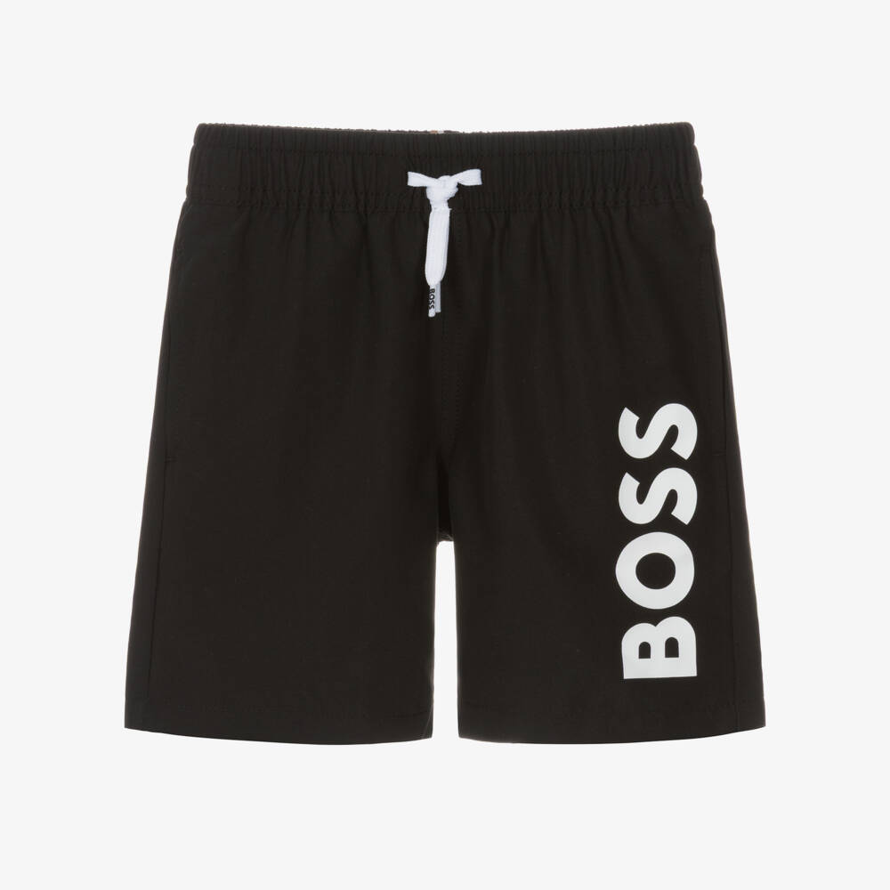 BOSS-Boys Classic Black Swim Shorts with White Logo Print | Childrensalon