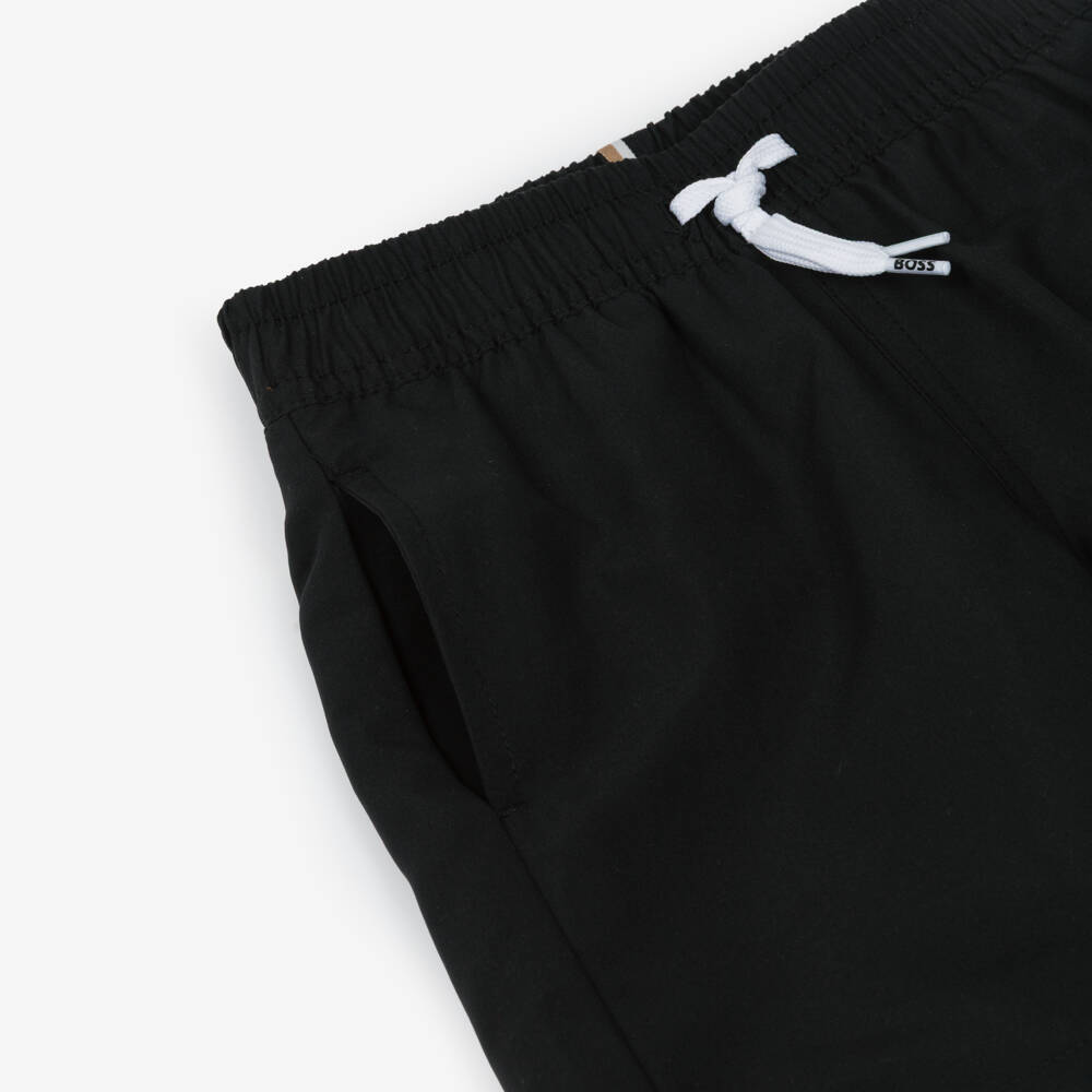 BOSS-Boys Classic Black Swim Shorts with White Logo Print | Childrensalon
