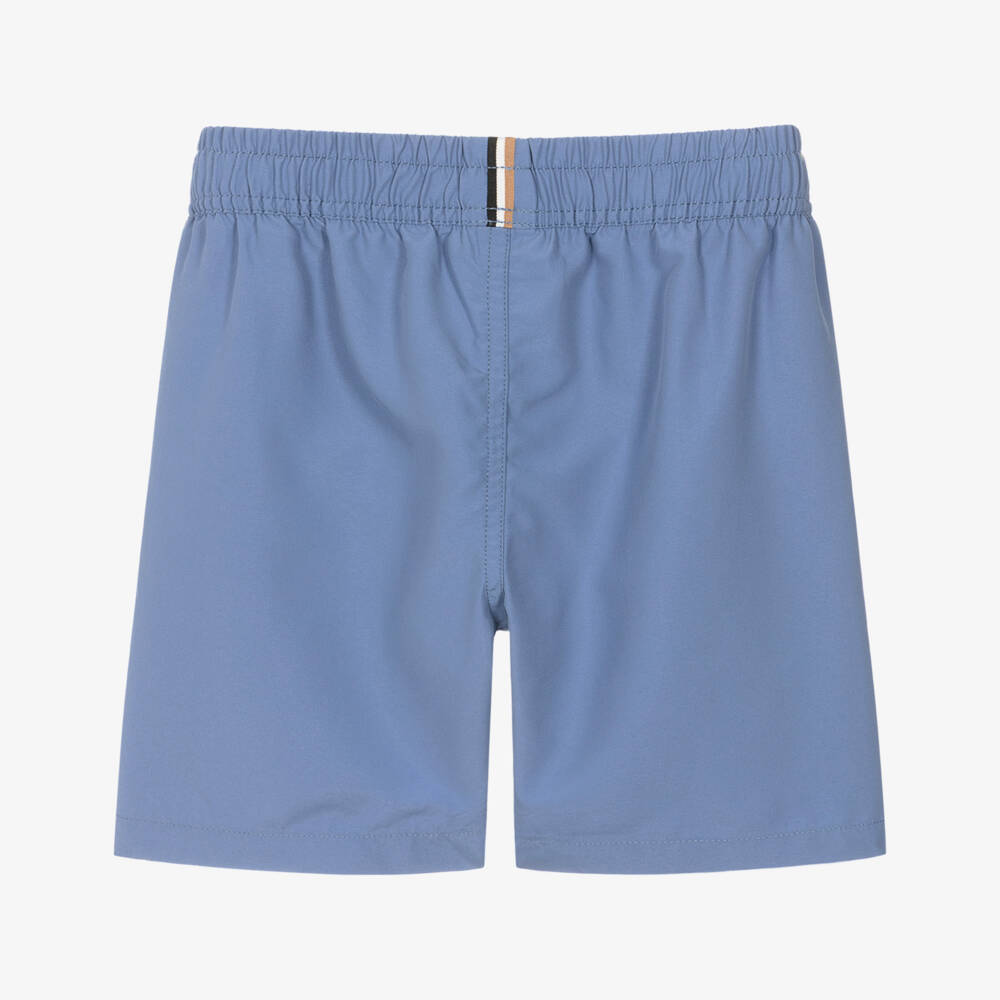 BOSS-Boys Classic Blue Swim Shorts with White Logo Print | Childrensalon