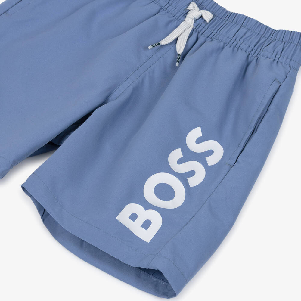 BOSS-Boys Classic Blue Swim Shorts with White Logo Print | Childrensalon
