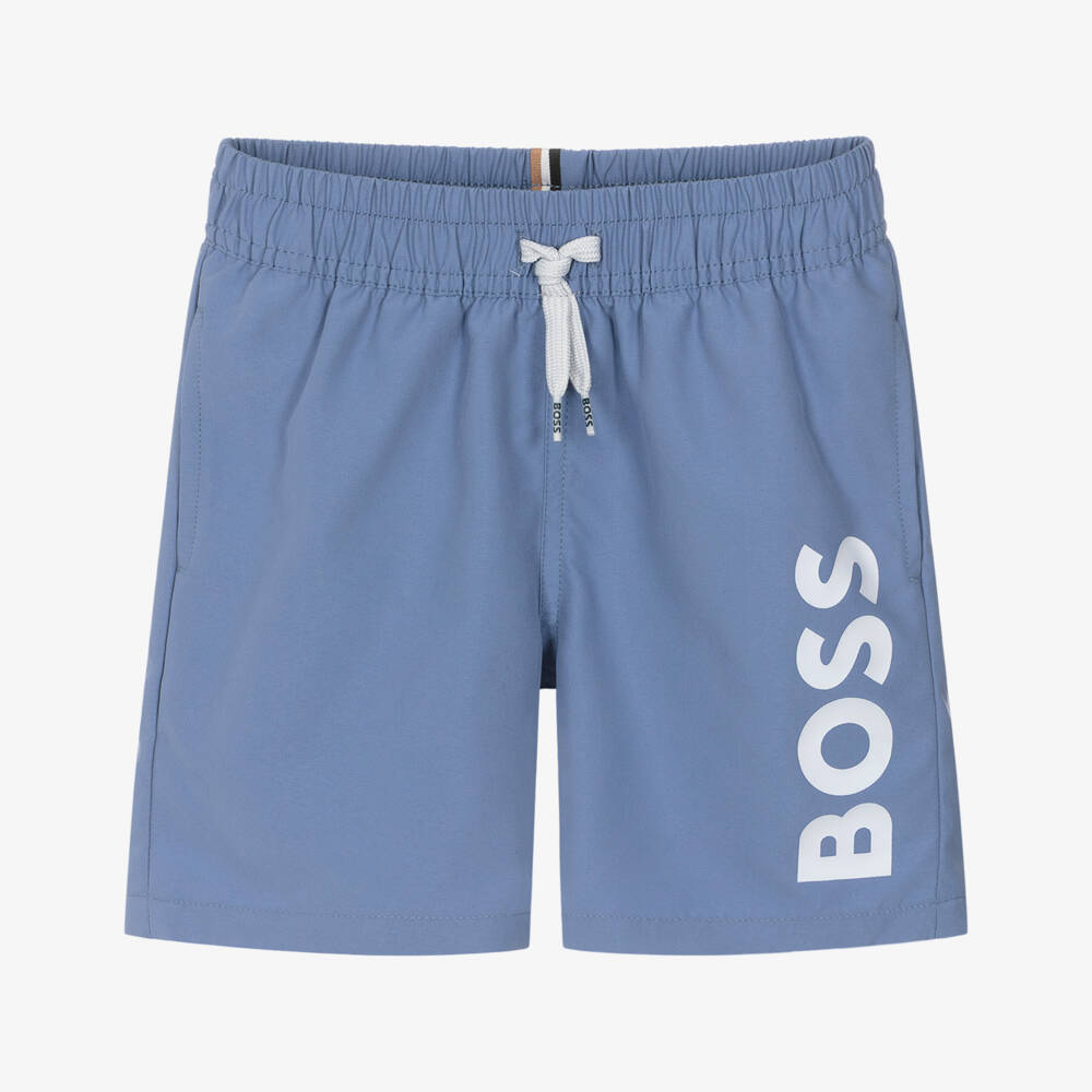 BOSS-Boys Classic Blue Swim Shorts with White Logo Print | Childrensalon