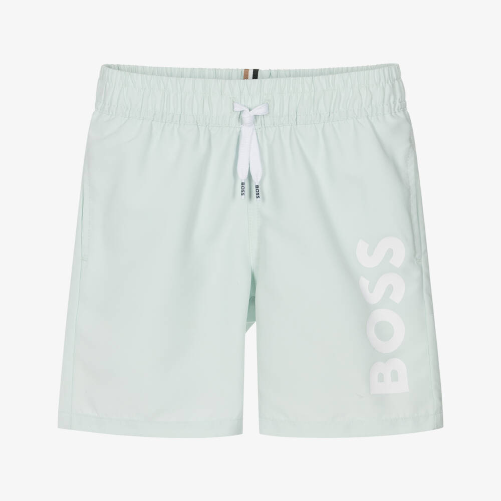 BOSS-Boys Classic Green Swim Shorts with White Logo Print | Childrensalon