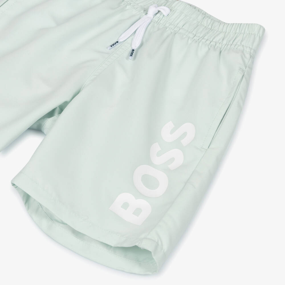 BOSS-Boys Classic Green Swim Shorts with White Logo Print | Childrensalon