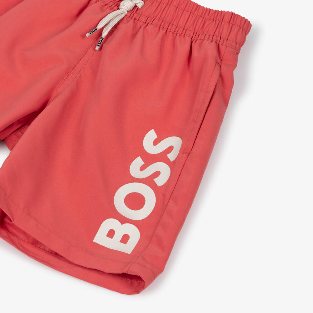 BOSS-Boys Classic Red Swim Shorts with White Logo Print | Childrensalon