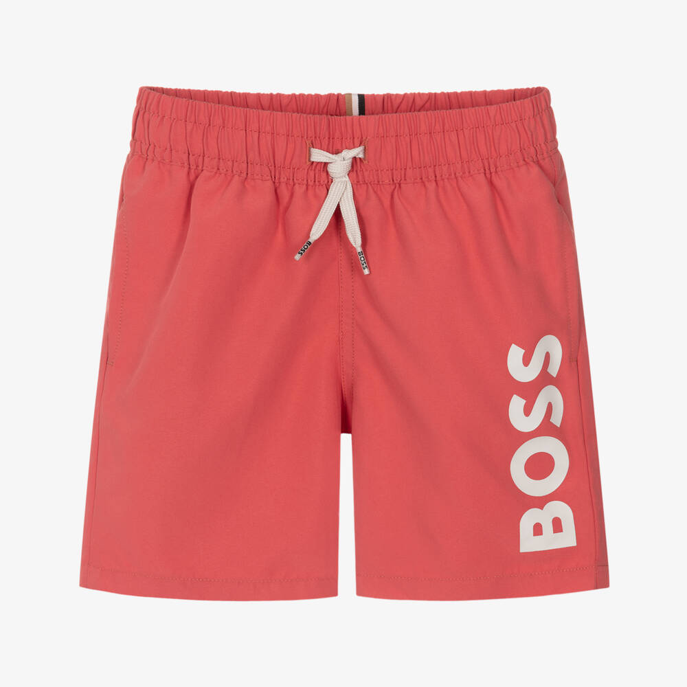 BOSS-Boys Classic Red Swim Shorts with White Logo Print | Childrensalon