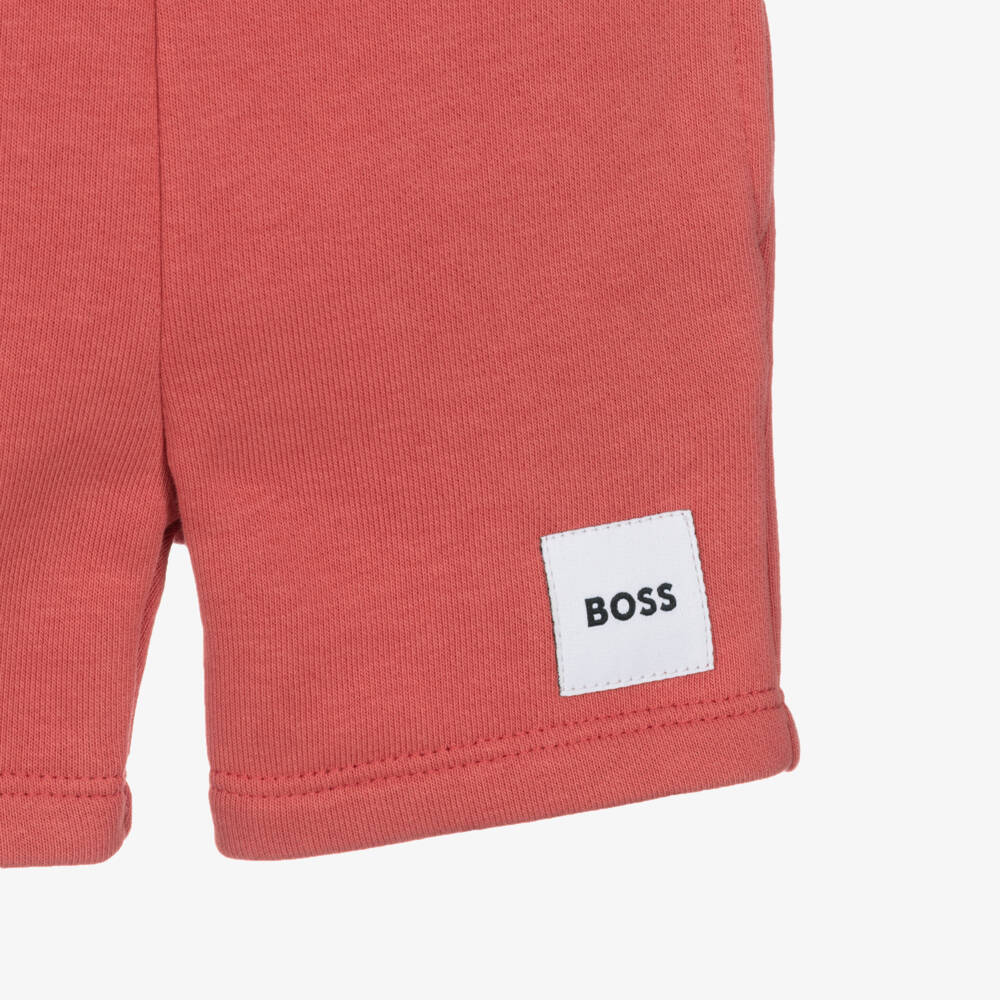 BOSS-Boys Coral Red Cotton Jersey Shorts | Childrensalon